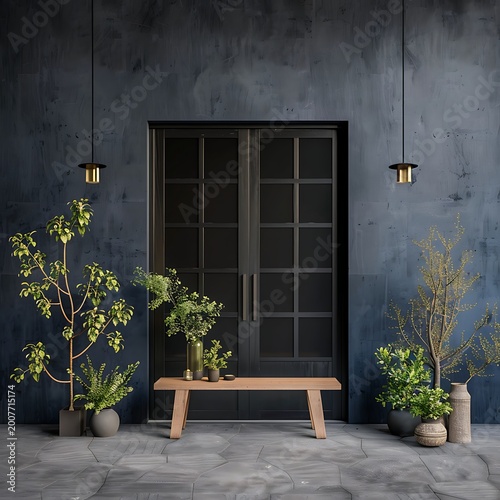 Minimalist interior with large window, potted plants, and wooden bench
