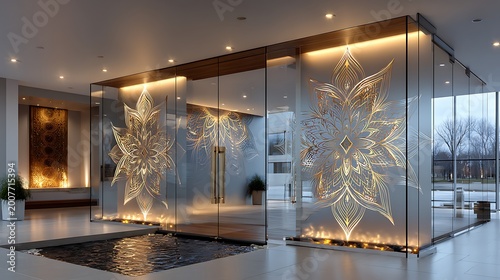 Luxury modern living room with golden geometric and marble floor