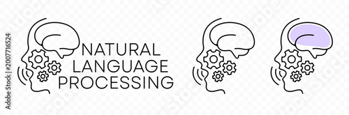 Natural language processing, artificial intelligence, nlp and ai, graphic design. Face, brain, gears, machine learning and deep learning, vector design and illustration