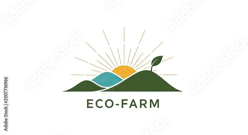 Eco farm logo with hills sun and leaf on white