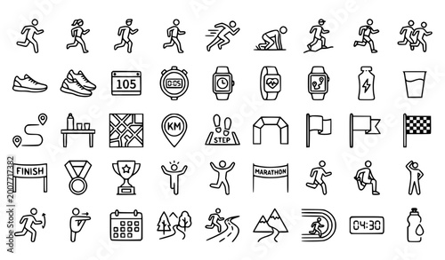 Foto Running and jogging outline icon set with fitness tracking race elements and edi