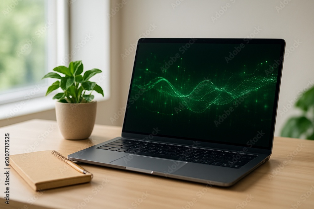 Fototapeta premium Sustainable AI workspace with laptop and plant