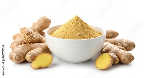 Fresh ginger root and ground ginger powder in white bowl, organic spicy ginger rhizome slices, aromatic culinary spice for cooking and wellness