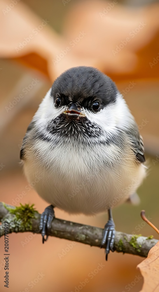 Fototapeta premium Cute bird perched on a branch looking directly at the camera.