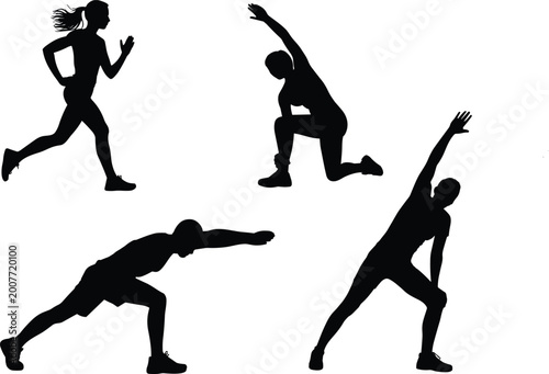 Tableau sur toile Dynamic fitness silhouettes of running, stretching, lunging, and exercise poses