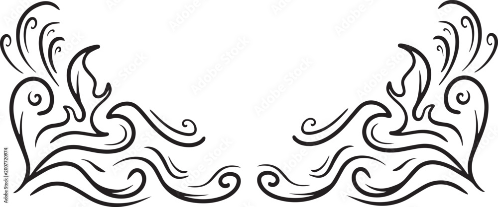 Fototapeta premium A pair of hand-drawn vintage corner border elements featuring elegant black flourishes, swirls, and leaf-like ornaments on a white background