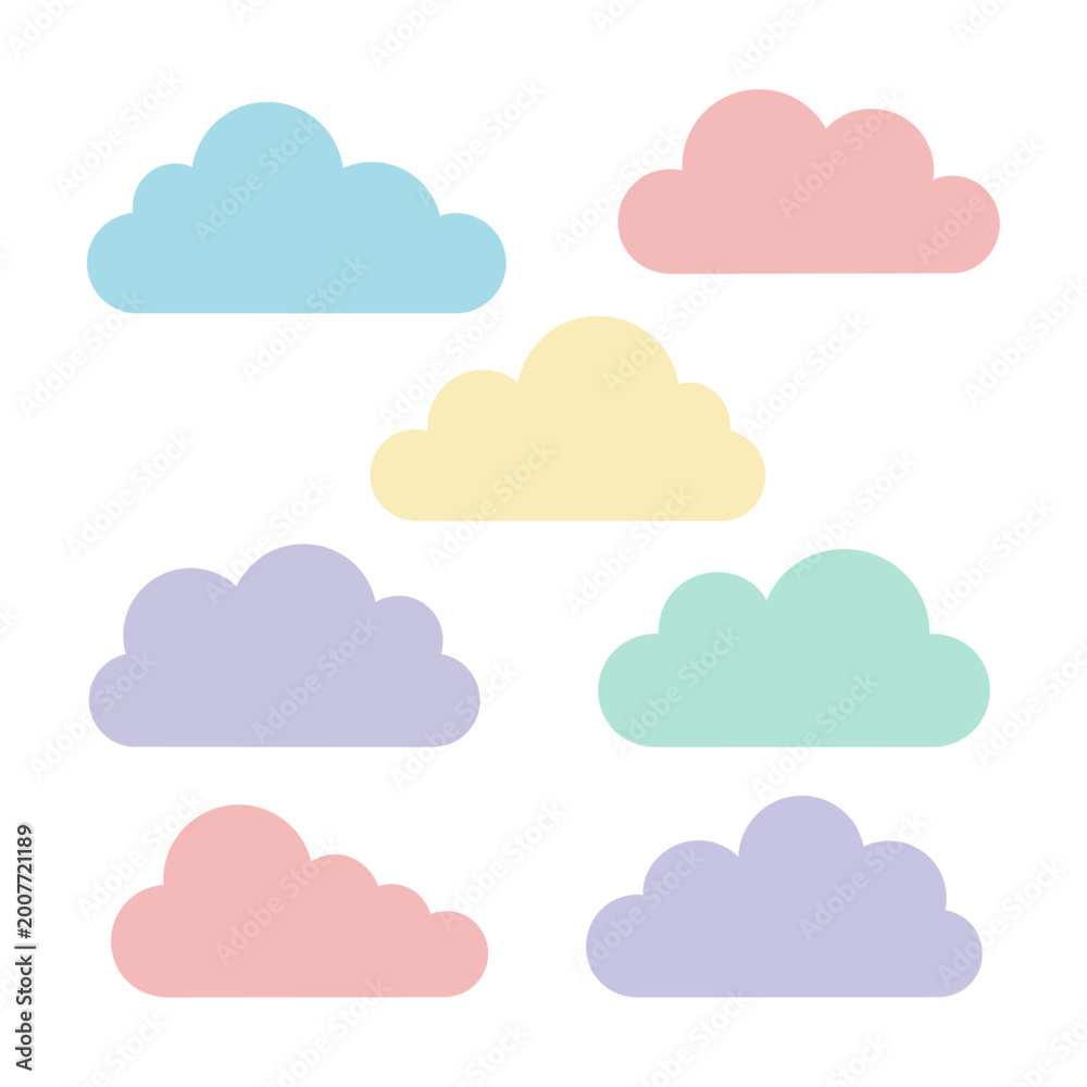 Obraz premium Set of whimsical fluffy blue clouds with rounded shapes and solid colors isolated on a white background. Minimalist weather and sky design concept