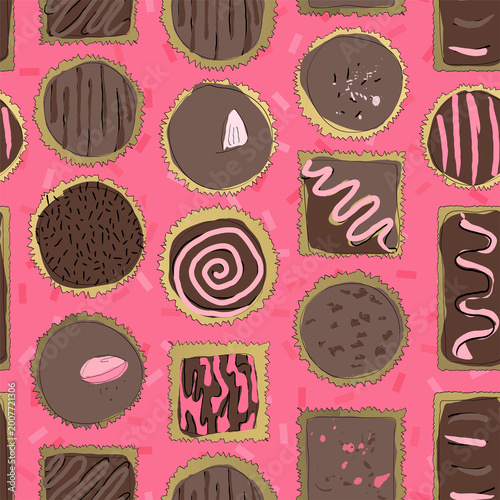 Schilderij op canvas Assorted hand drawn chocolates on vibrant pink background seamless