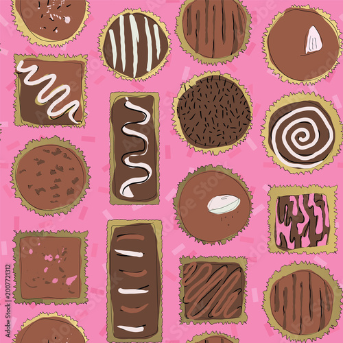 Bild auf Leinwand Assorted chocolates seamless pattern on pink background
