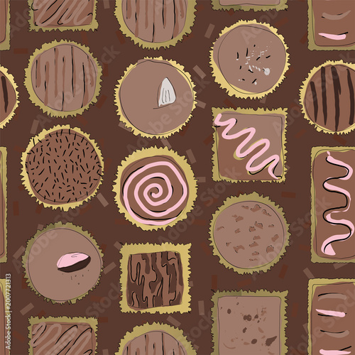 Photos Assorted hand drawn chocolates on chocolatey chocoholic background seamless patt