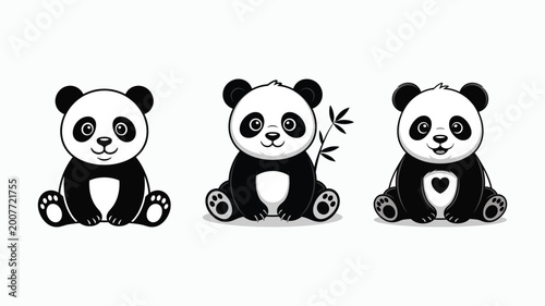 Cute Panda Cartoon Set Black White Kawaii Bear Vector