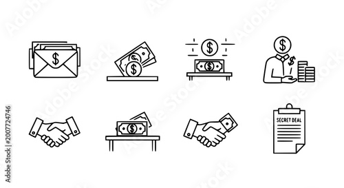 Tableau sur toile Set of business finance icons featuring money envelopes cash payments handshakes secret deals and bribe concepts in thin line vector style for corruption and financial ethics