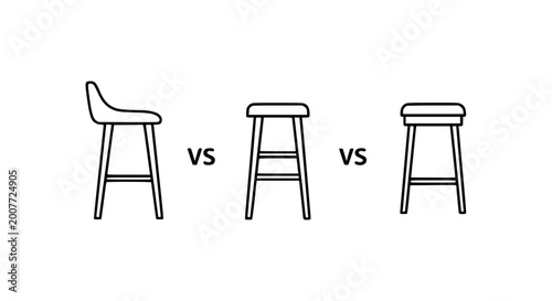 Bar stool types comparison vector icon set featuring backrest, low back and backless designs for kitchen counter, pub and restaurant furniture.