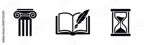 Fotografía Minimalist black icon set including a classical ionic column, an open book with a quill pen, and an hourglass, symbolizing history, law, and time