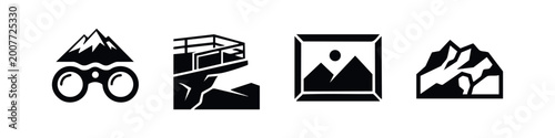 Εκτύπωση καμβά Minimalist vector icon set featuring mountain landscapes, binoculars, a scenic viewpoint, and framed art