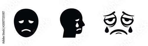 Photos Set of three black and white minimalist icons representing sadness, grief, and crying faces with teardrops on a white background