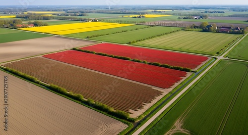 Aerial view of vibrant tulip fields and agricultural landscape.