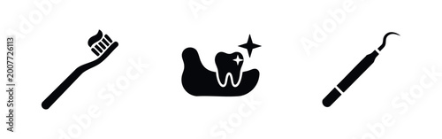 Photography Professional dental care icon set featuring a toothbrush, shiny tooth in gums, and a scaler tool
