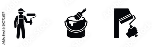 Professional painting service icons featuring a house painter, a bucket with a brush, and a hand using a roller for home renovation and DIY projects.