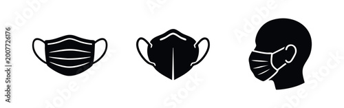 Photos Black and white medical face mask icons featuring surgical, respirator styles, and a profile silhouette showing usage for virus prevention