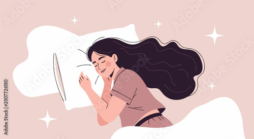 Cuadro en lienzo Vector illustration of a woman peacefully sleeping with a book on her bed at nig
