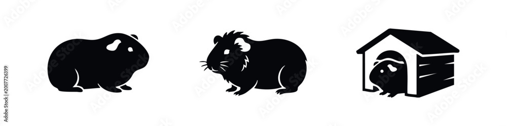 Obraz premium Black silhouette icons of guinea pigs in various poses, including one inside a small wooden pet house. Clean minimalist design on white background.