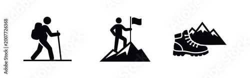 Canvastavla Minimalist black hiking icons including a backpacker, a climber on a mountain summit with a flag, and a hiking boot with peaks on white background