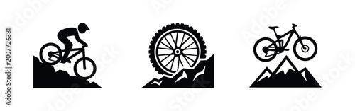 Bild auf Leinwand Set of minimalist black icons representing mountain biking adventure, featuring a downhill cyclist, rugged tire, and bike jumping over mountain peaks