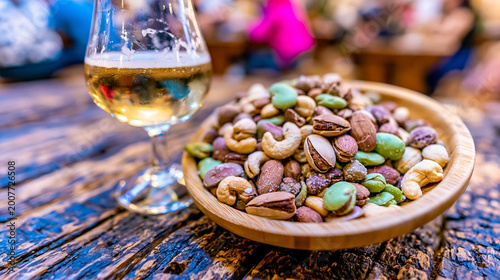 Assorted nuts in a wooden bowl next to a glass of light beer with mixed nuts, party food