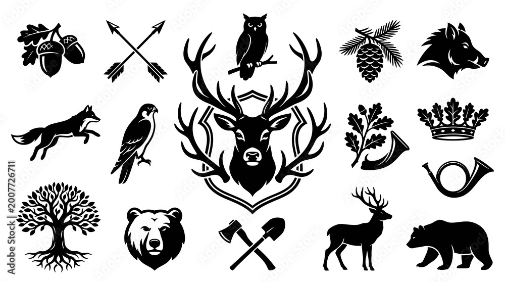 Fototapeta premium Vintage Black and White Forest Animals and Hunting Symbols Vector Icons