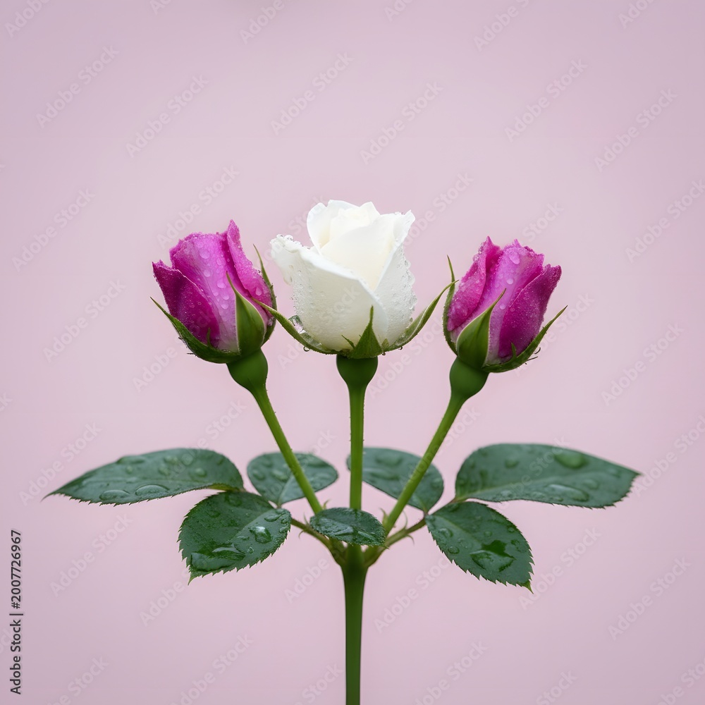 Obraz premium Three roses with dew drops on pink background, floral arrangement