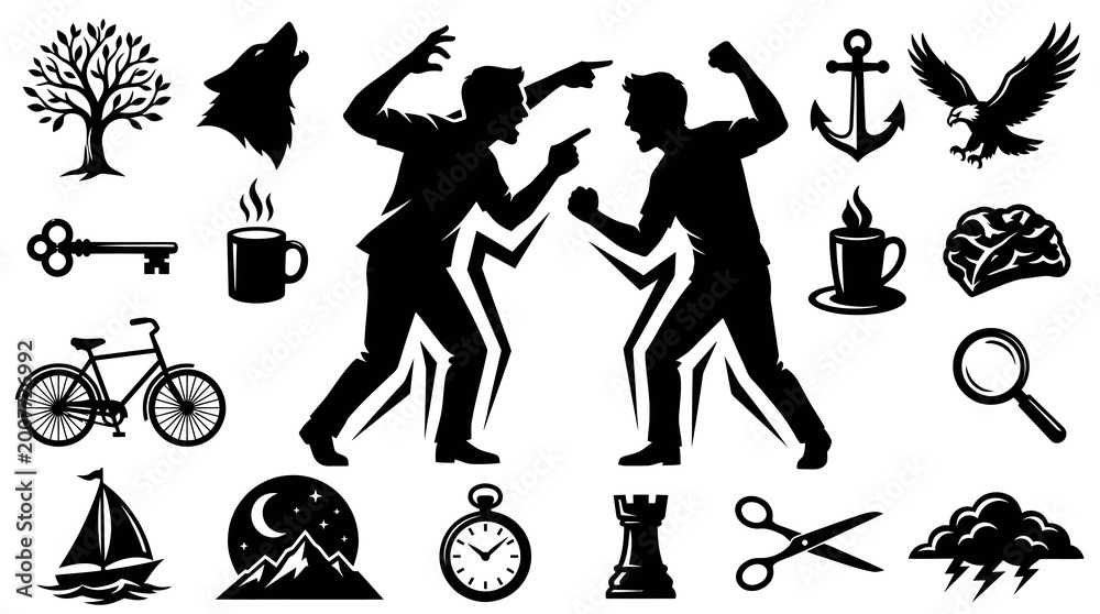 Obraz premium Silhouette Icons: Conflict, Nature, Technology, and More - Black and White Vector Graphics