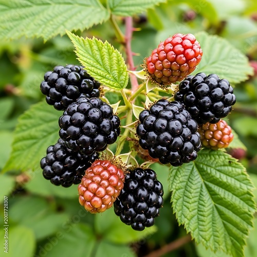 Blackberry Plant with Ripe and Unripe Berries.