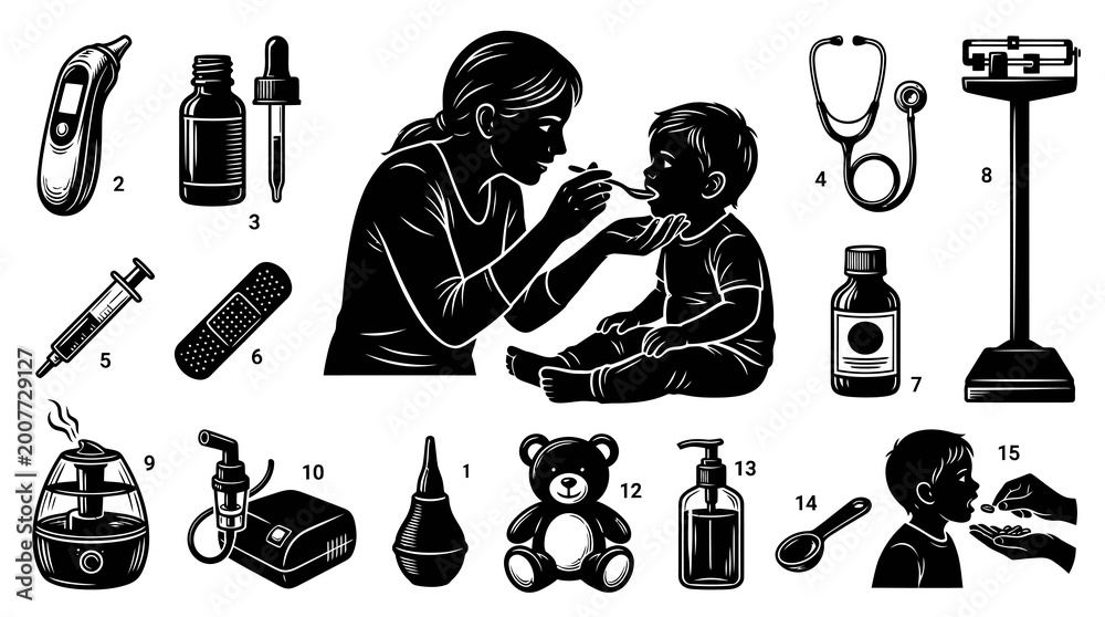 Obraz premium Pediatric Healthcare and Child Sickness Medical Tools Care Black and White Silhouette Vector Art Set