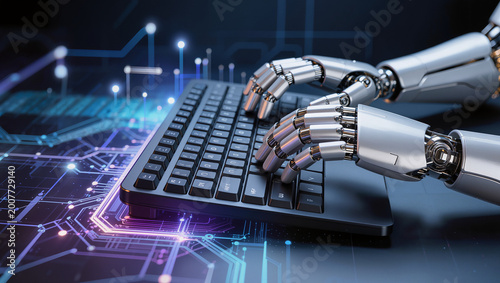 Close up robot hand is on the keyboard , blue light hight tecnology effect is background , futuristic technology image.