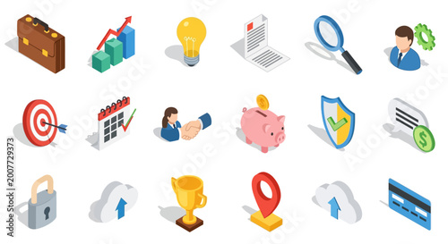 Set of 18 isometric business and marketing icons for finance, management, and corporate design