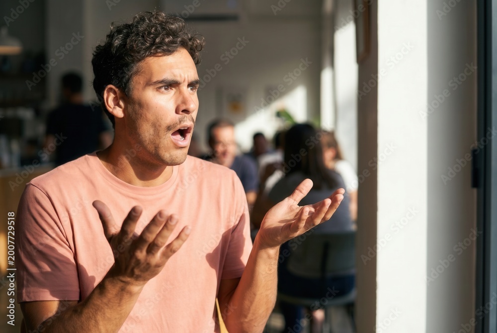 Fototapeta premium Man looking surprised and confused, hands open, talking in a cafe