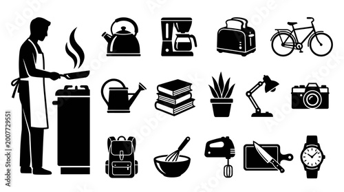 Black and white illustration of kitchen and home appliances, cooking, and lifestyle objects