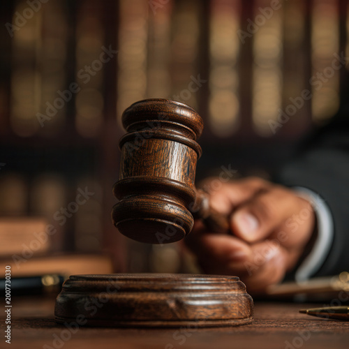 Gavel is struck by a hand in a law office with books in the background during a court session