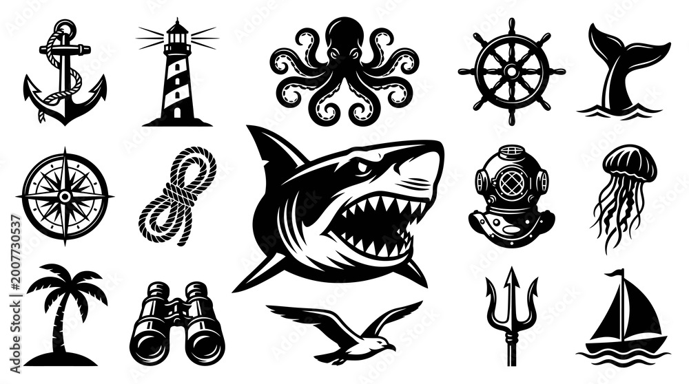 Fototapeta premium Black and White Nautical Marine Icons Collection. Vector Sea and Ocean Themed Glyphs and Silhouette Elements for Maritime Design.