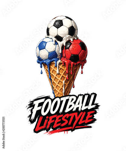 Football lifestyle illustration with melting soccer ball ice cream in a crispy waffle cone design