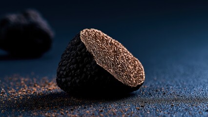 Exquisite black truffle halved on a dark, textured surface, revealing its captivating intricate marbling.