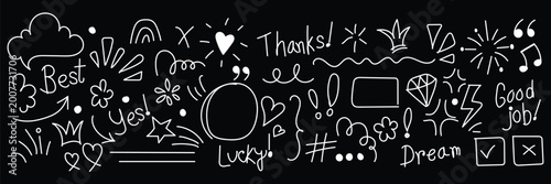 Hand-drawn white doodle set with hearts, stars, arrows, and text on a black background