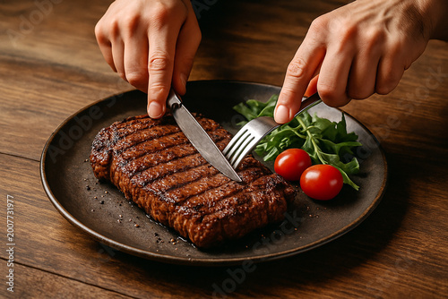 Men's hands holding knife and fork, cutting grilled steak stock photo 