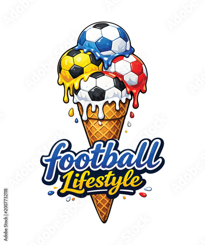 Football lifestyle ice cream cone vector illustration with melting colorful sports ball scoops