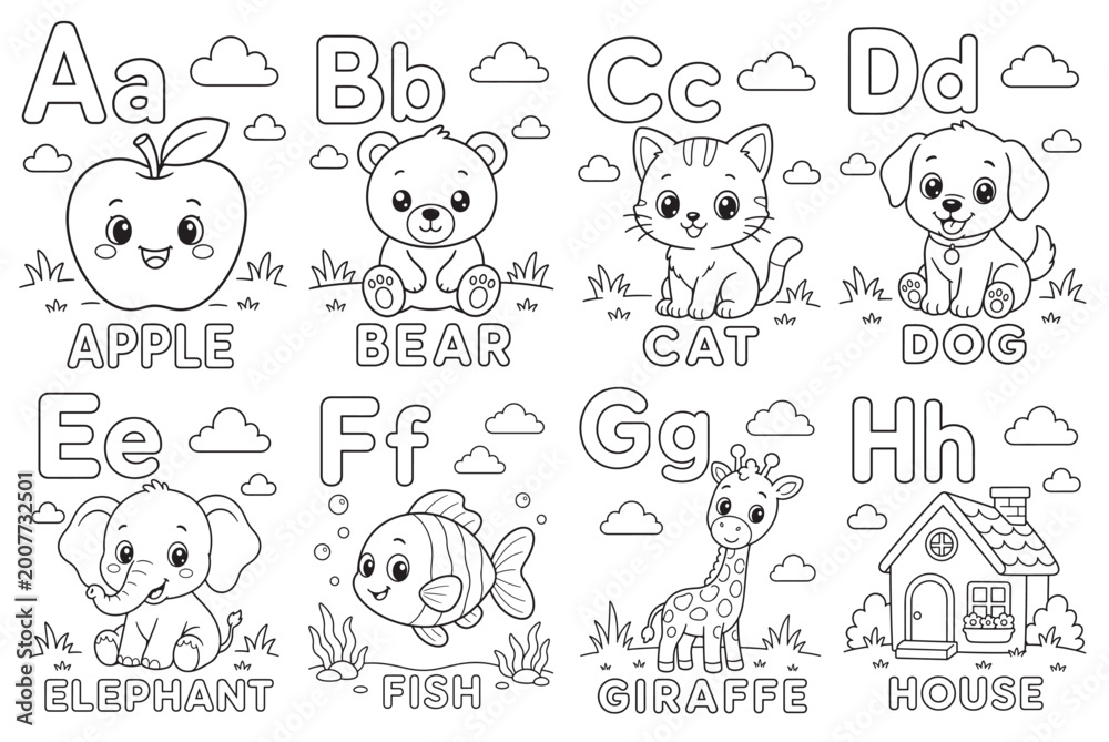 Obraz premium Kids Alphabet Coloring Worksheet A to Z, Learn Letters with Cute Animals, Printable Tracing Activity for Preschool Kindergarten, Black and White Line Art