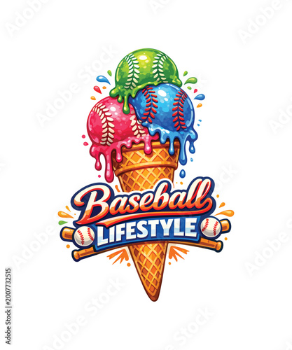 Baseball lifestyle ice cream cone with melting sports balls and wooden bats vector illustration