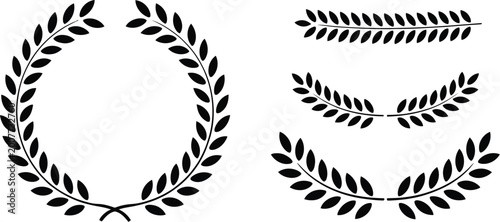 Set of black laurel wreath and olive branch vector silhouettes including circular and curved leaf border designs isolated on white.
