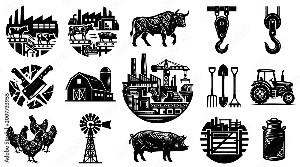 Fototapeta premium Farming and Agriculture Icons Set: Farm Animals, Machinery, Tools, and Barns in Black and White Vector Art