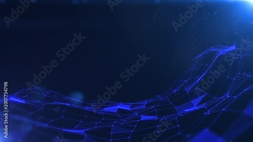 Technology digital blue low poly line landscape and particle floating in dark space background